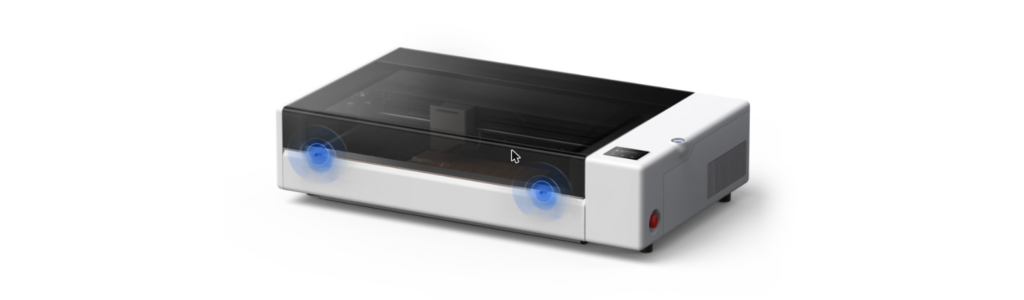 Bambu Lab R1 capot ouvert, avec compensation de vibrations et alignement automatique du laser